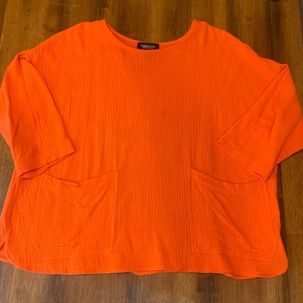 Jones & Co Top 1X Vibrant Orange Blouse with Front Pockets 100% Cotton
